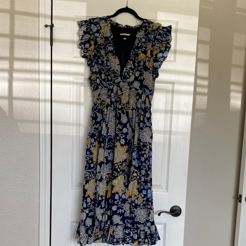 Elan Navy and Mustard Floral Midi Dress